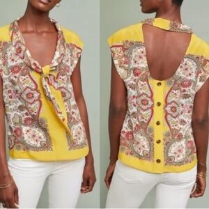 Yellow Paisley Tie-Front Blouse